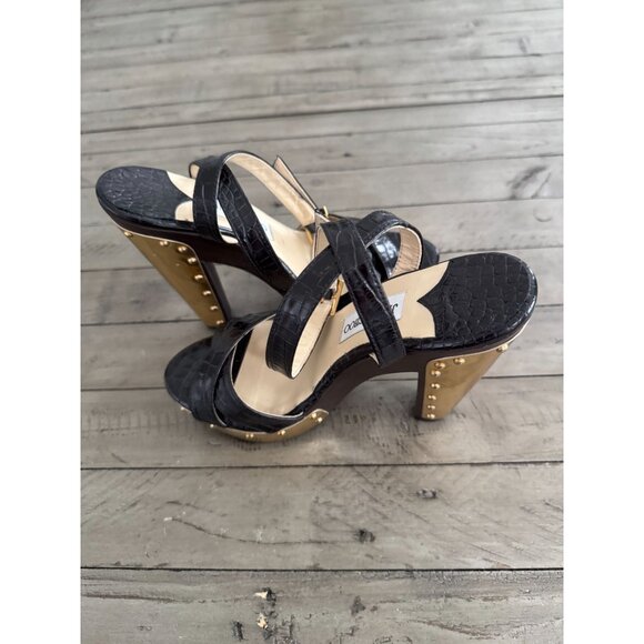Jimmy Choo Black Croc Embossed Ultimate Wooden Ankle Strap Platform Heels 38.5 - Picture 12 of 12